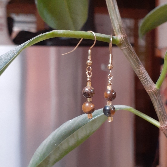 NWT Handcrafted Tiger's Eye & Gold Beads Earrings - Picture 1 of 7